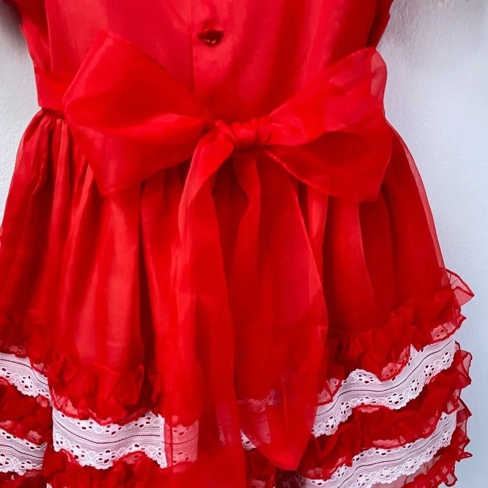 Vintage Girls Red Nylon Chiffon Dress Lace Puff Sleeve Holiday Christmas Size 6